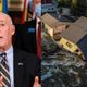 File photo of Montana Gov. Greg Gianforte on Feb. 10, 2021 (left) A house sits in Rock Creek after floodwaters washed away a road and a bridge in Red Lodge, Montana, June 15, 2022.